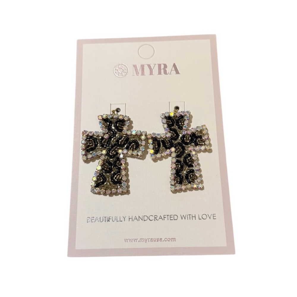 Myra Bag Black‎ and Silver Beaded Cross Earrings